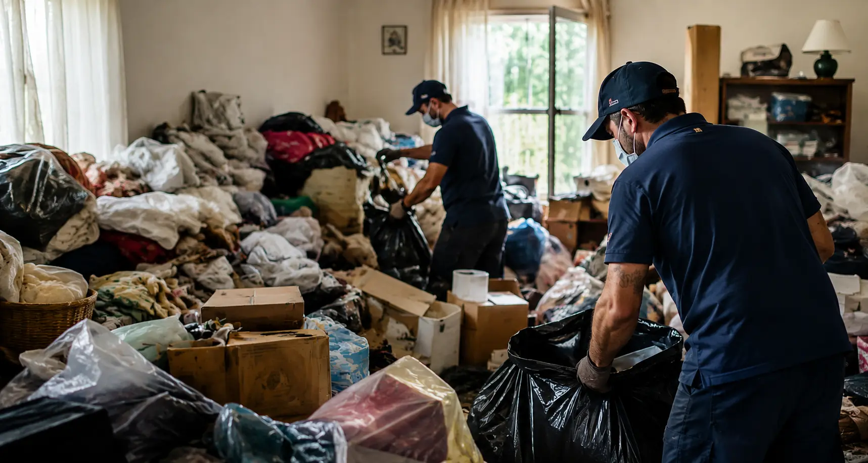Professional hoarding cleanup team working inside a residential property