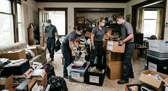 Professional cleaning team organizing and cleaning a residential property
